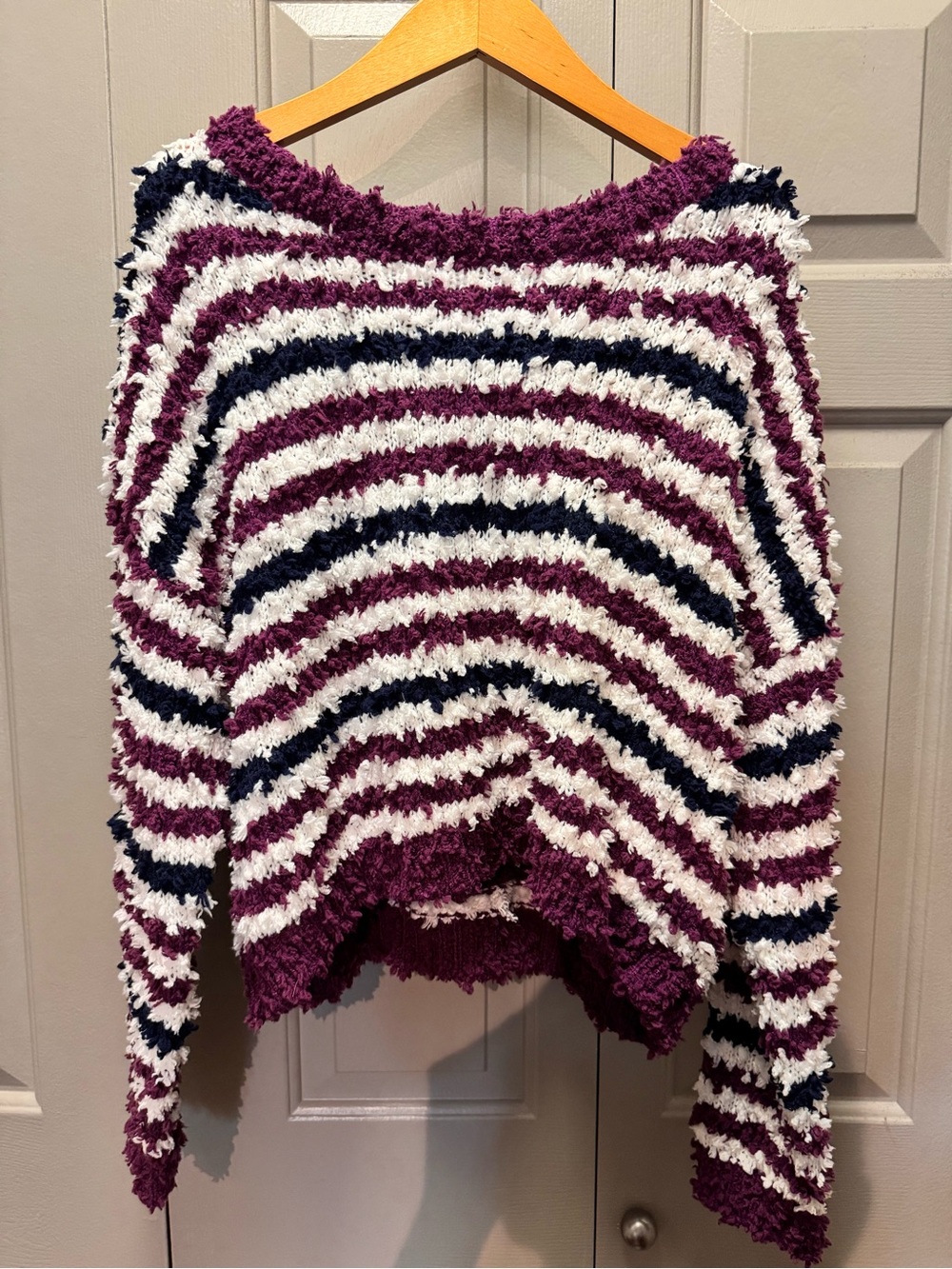Versona Fuzzy Striped Crewneck Sweater in Purple, Navy & White